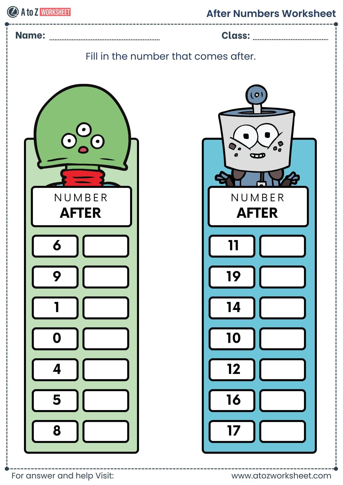 after number worksheet​ for class 1