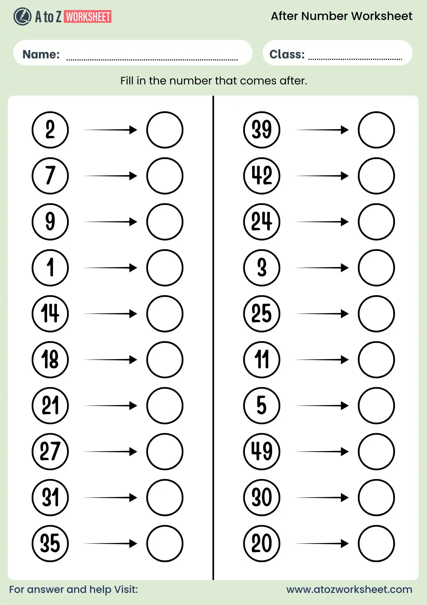 after number worksheet 1 to 50 fill the number that comes after