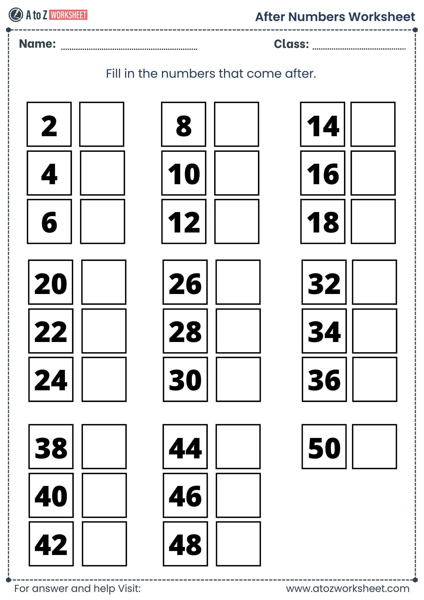 1 to 50 after number worksheet for ukg