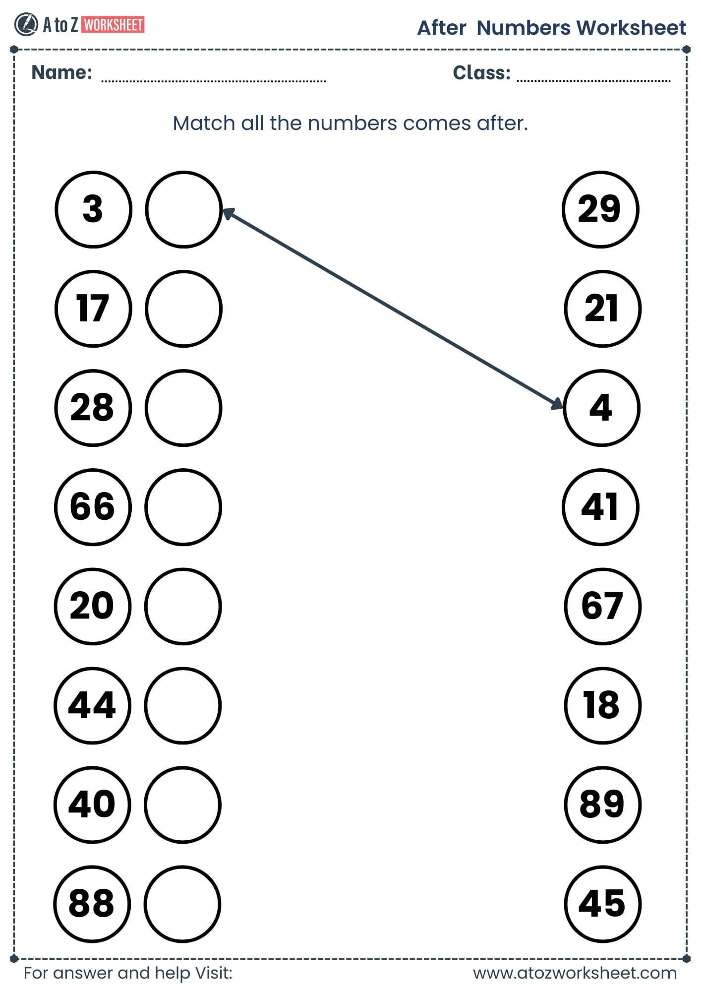 matching activity after number worksheet nursery