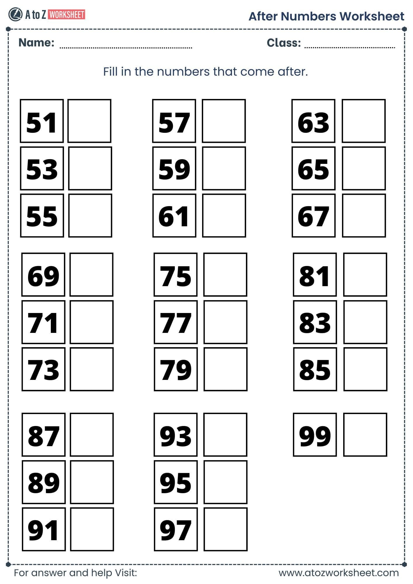 50 to 100 after number worksheet grade 1