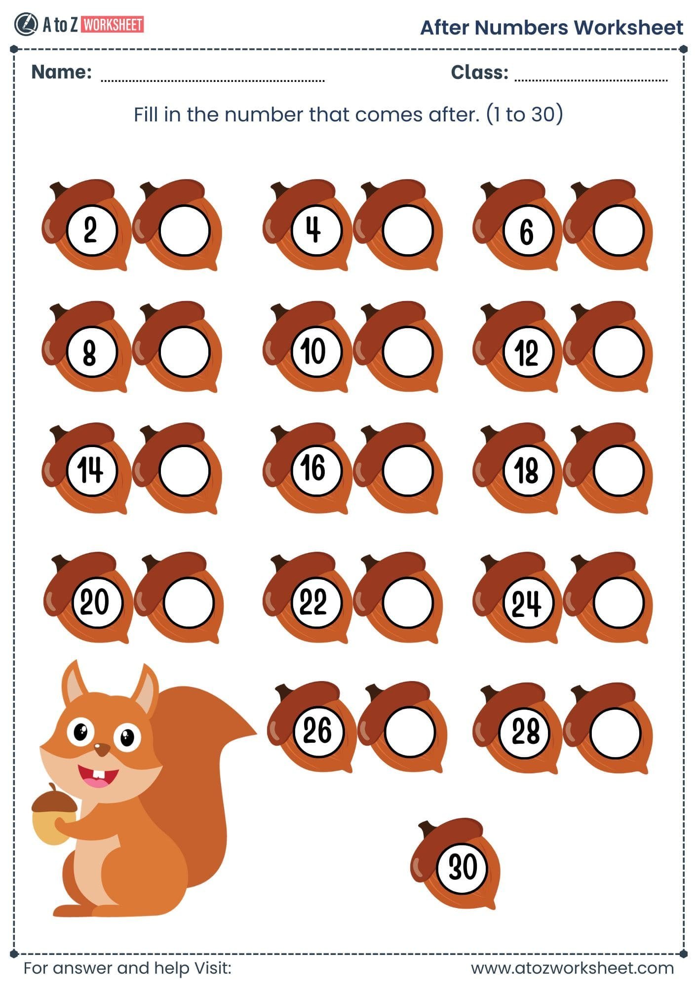 1 to 30 after number worksheet nursery pdf