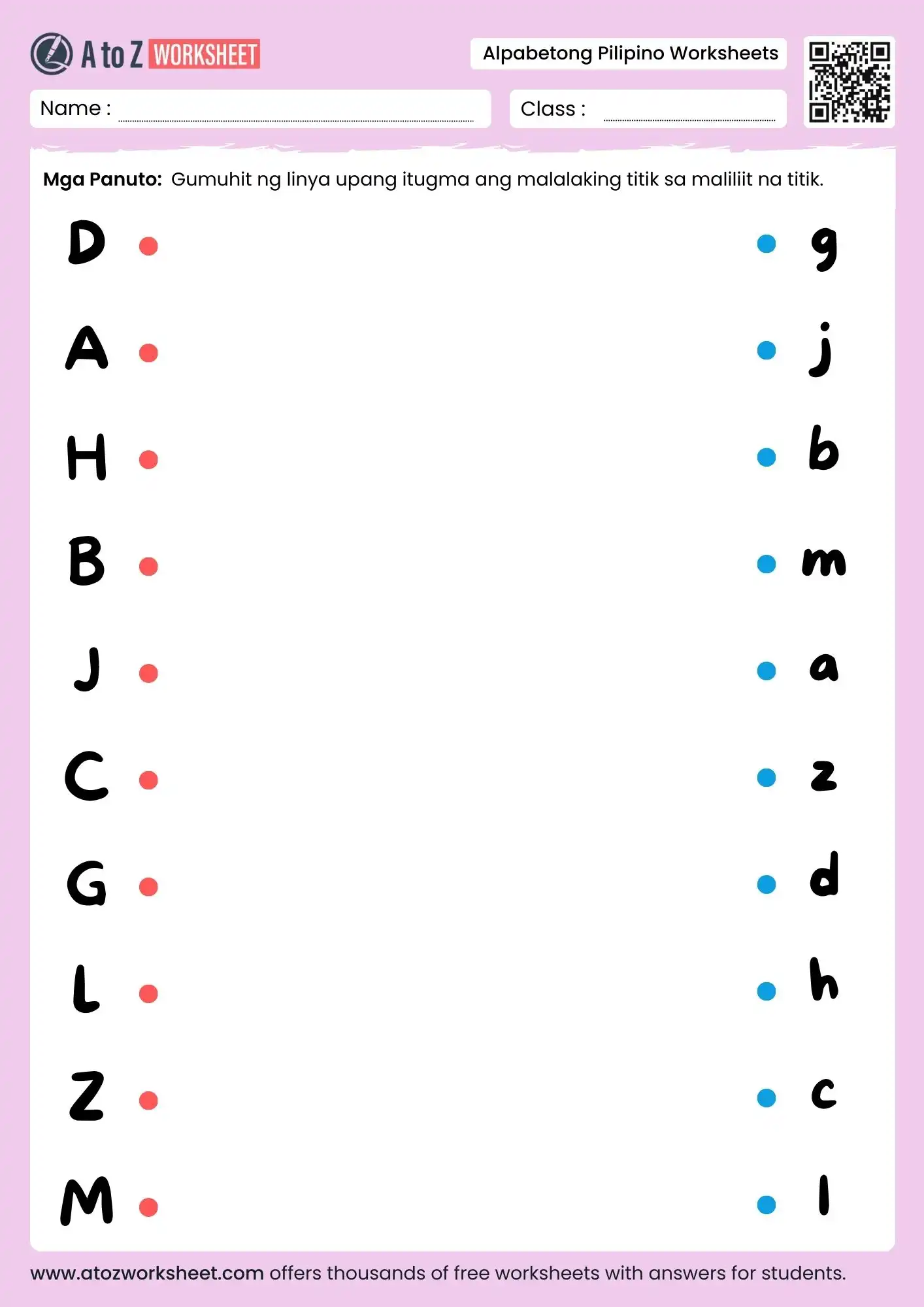 filipino alphabet worksheets matching uppercase and lowercase
