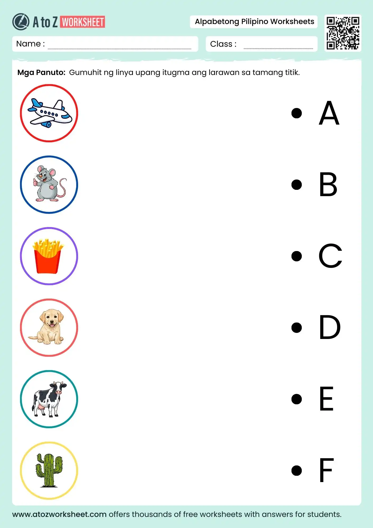 filipino alphabet worksheets matching pictures to letters a-f