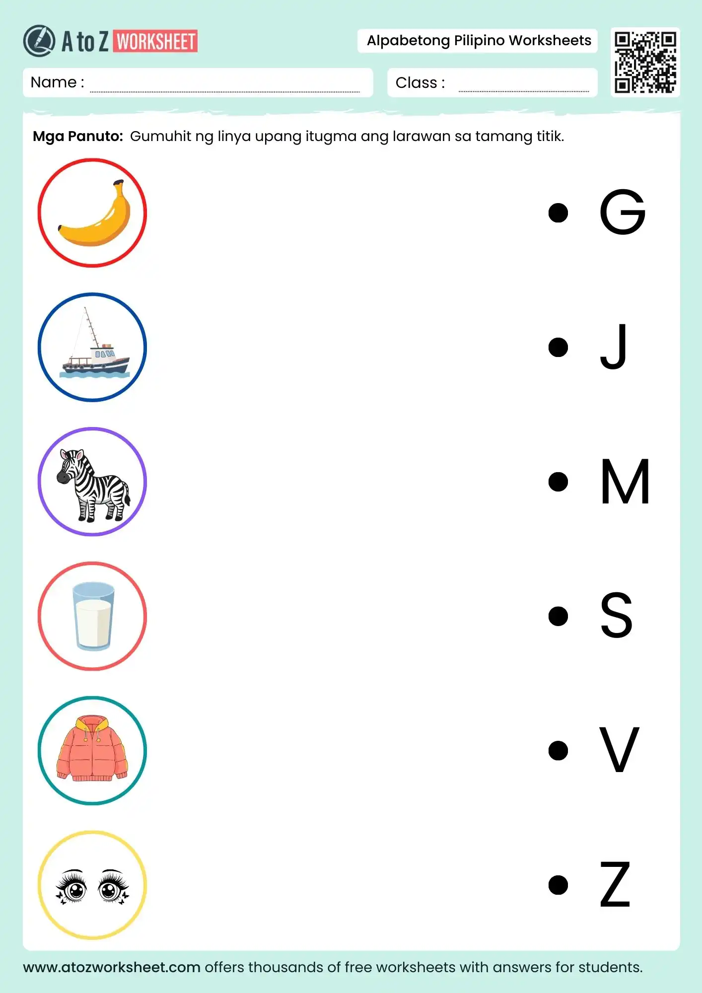filipino alphabet worksheets matching pictures to letters g-z