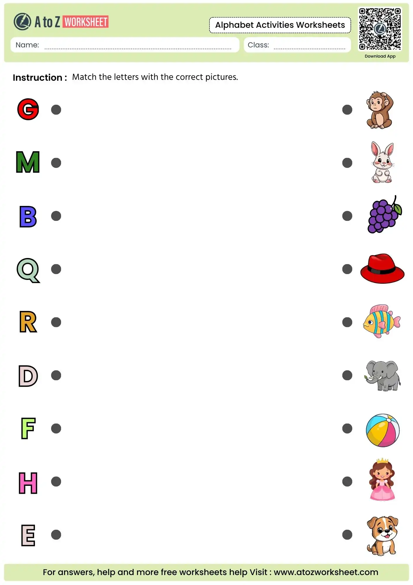 a colorful page of alphabet activities worksheets showing letter to picture matching.