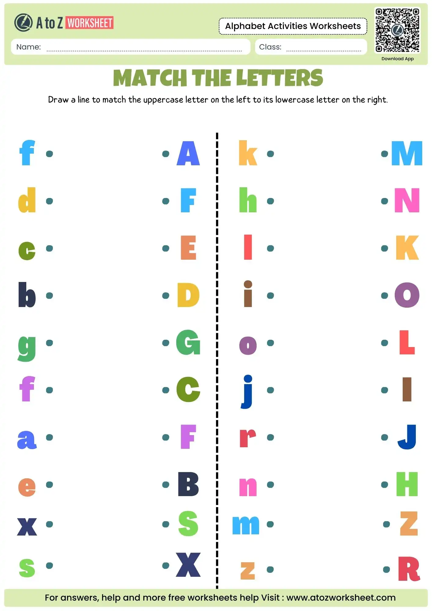 Alphabet Activities Worksheets (Free Printable PDF) 1 uppercase and lowercase letter matching from alphabet activities worksheets