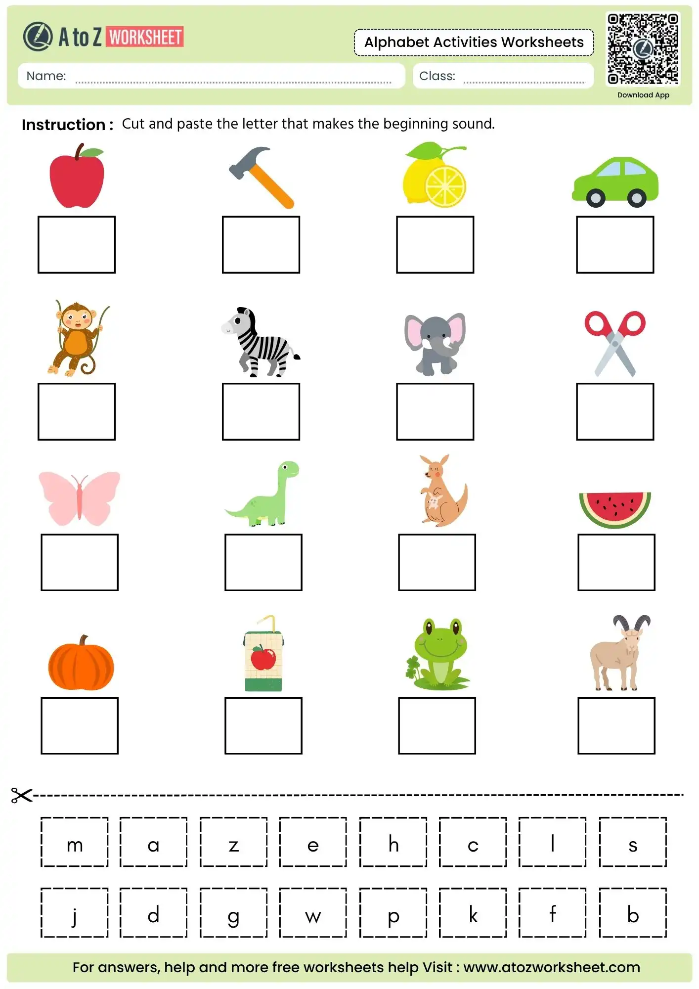 Alphabet Activities Worksheets (Free Printable PDF) 4 cut and paste beginning sounds activity for alphabet activities worksheets