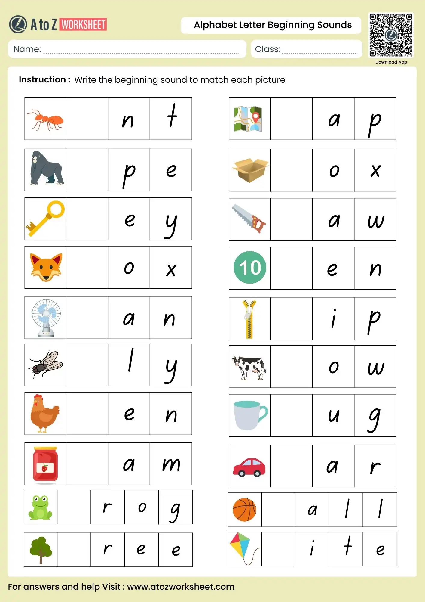 alphabet letter beginning sounds worksheets for preschool featuring ant gorilla and key