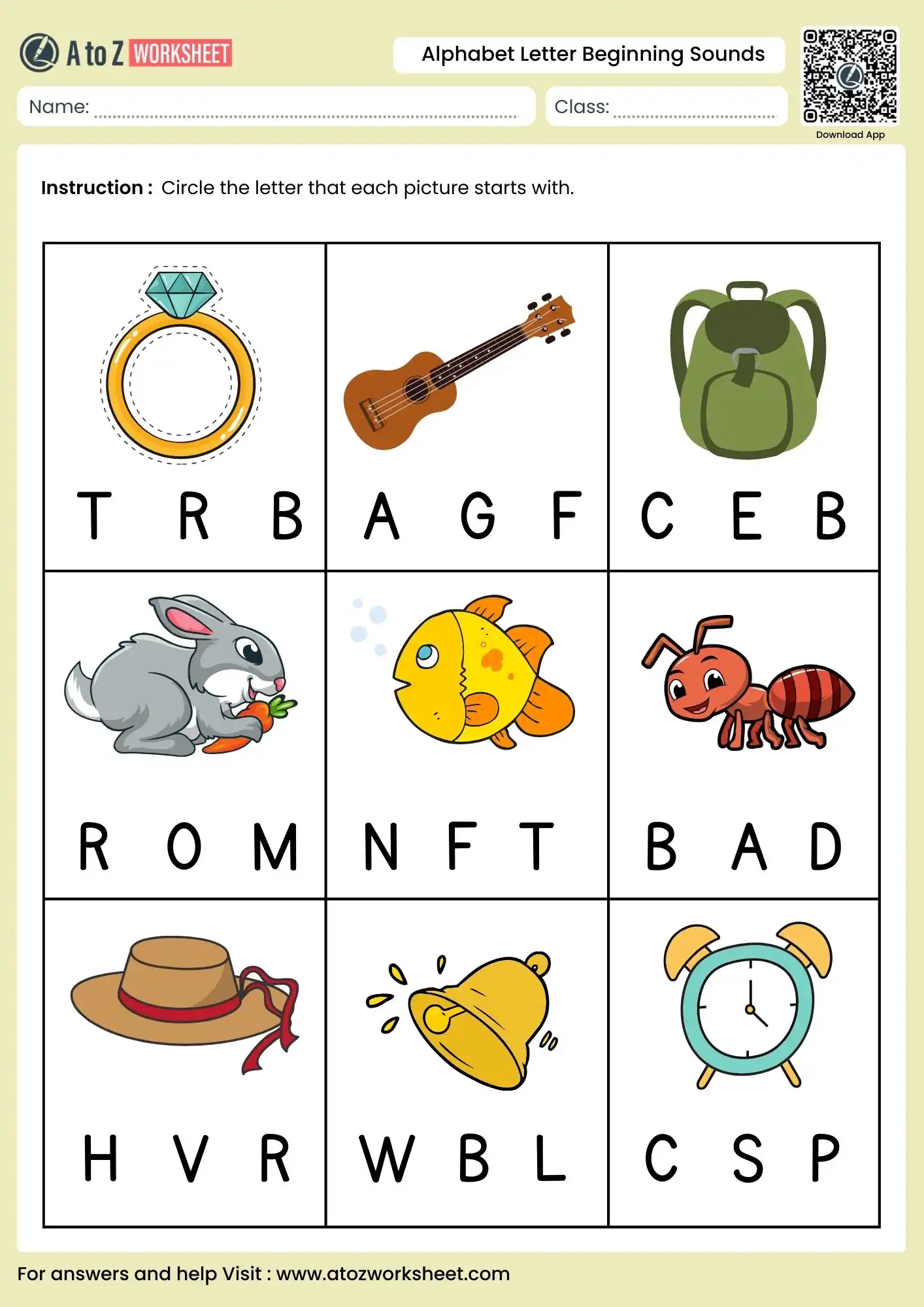 alphabet letter beginning sounds worksheets with ring guitar and bag