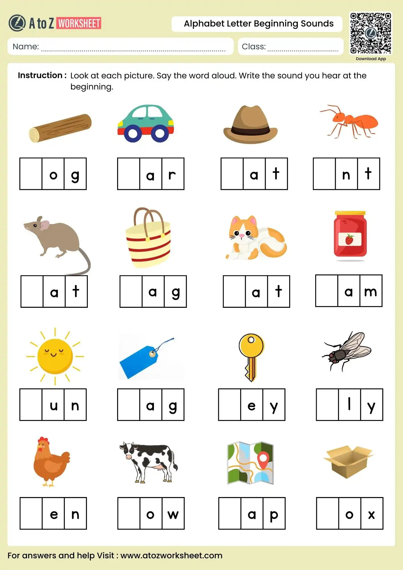 alphabet letter beginning sounds worksheets for log car and hat