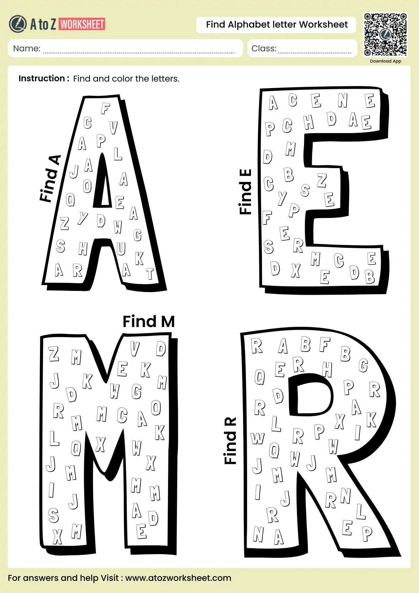 alphabet letter find worksheets coloring target letters inside giant A E M and R outlines