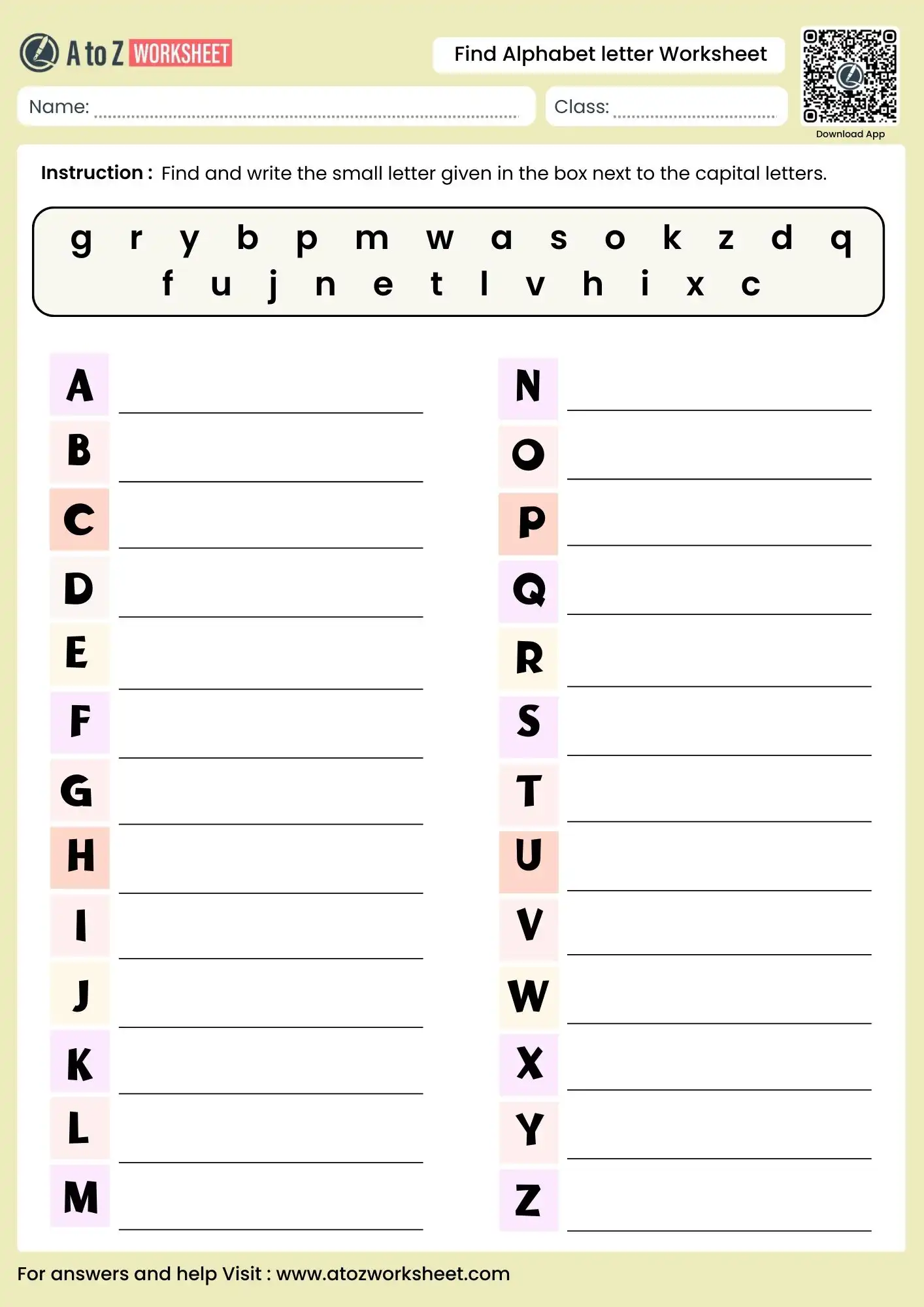 alphabet letter find worksheets writing the small letter next to the capital A-Z