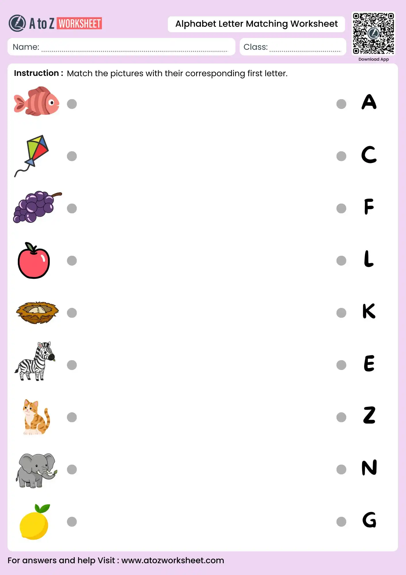 phonics based alphabet letter matching worksheets with colorful animal pictures