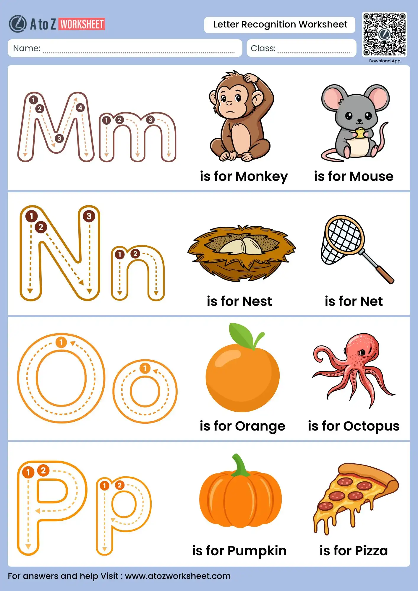 alphabet letter recognition worksheets showing monkey mouse and pumpkin