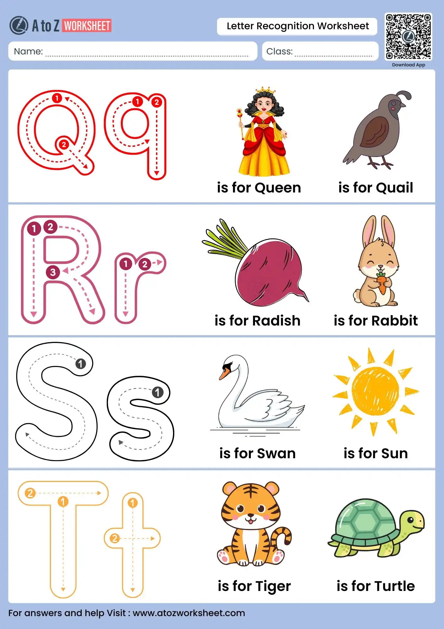 alphabet letter recognition worksheets with queen rabbit and tiger