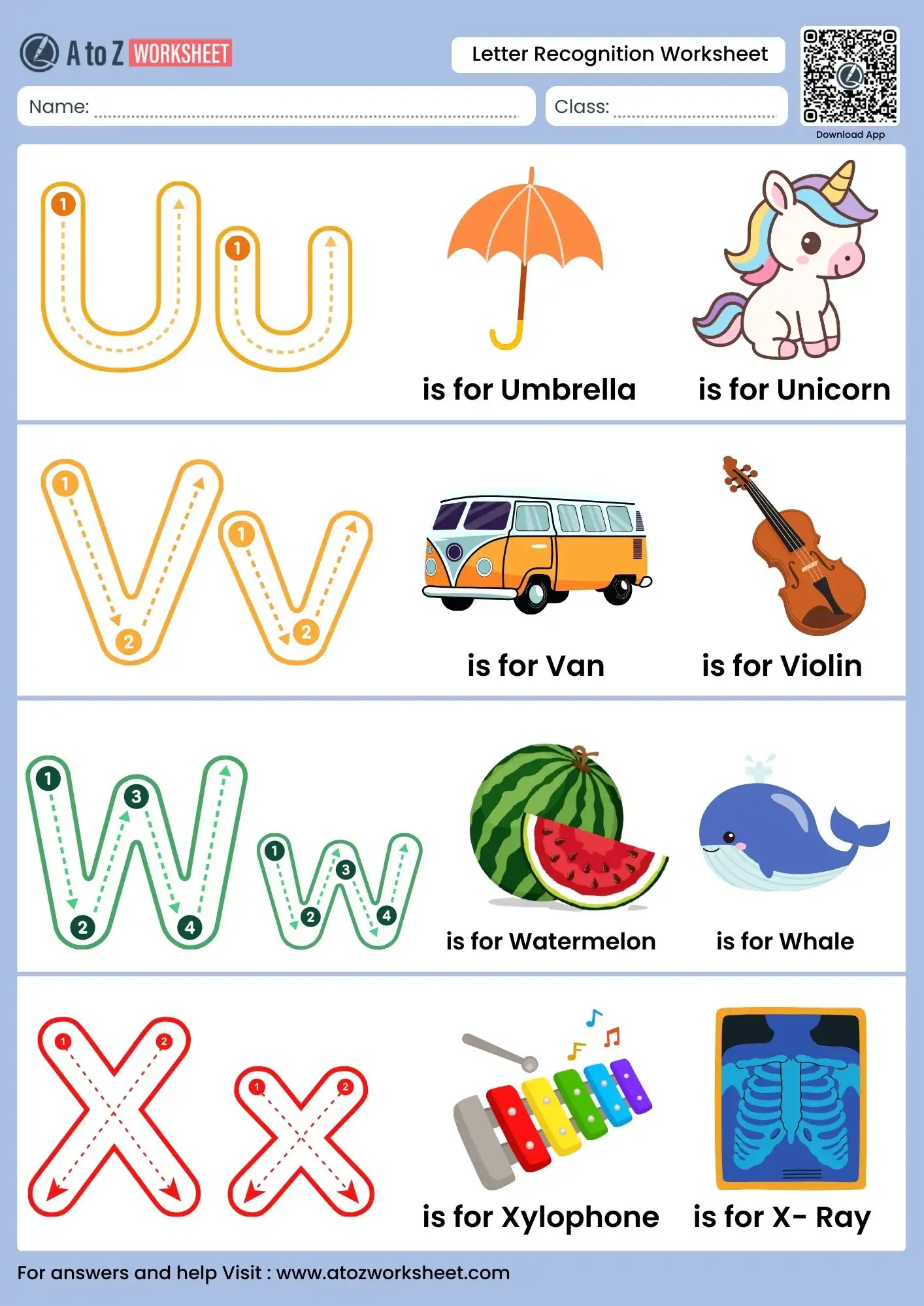 alphabet letter recognition worksheets featuring umbrella unicorn and van