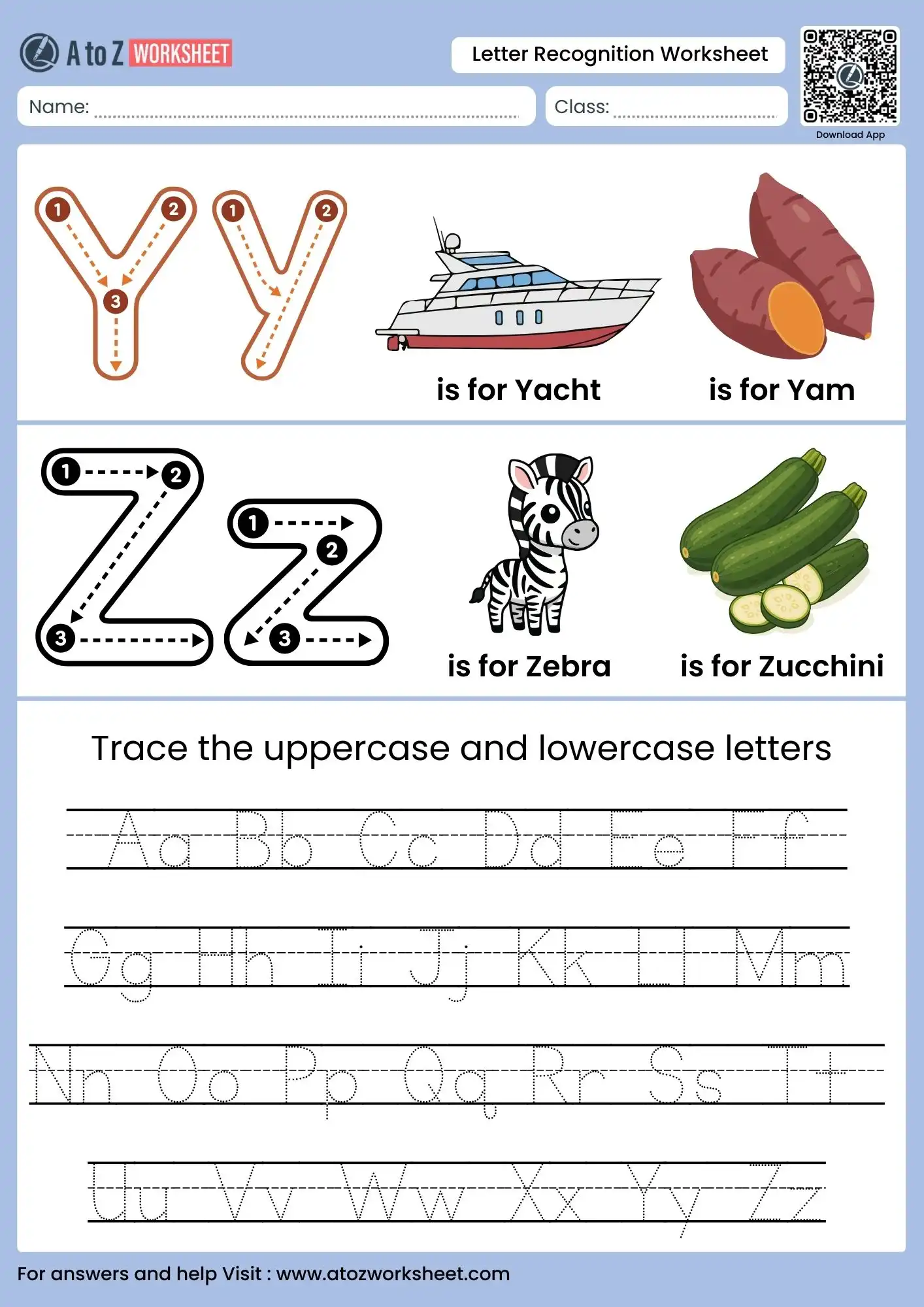 alphabet letter recognition worksheets with yacht zebra and full a-z tracing