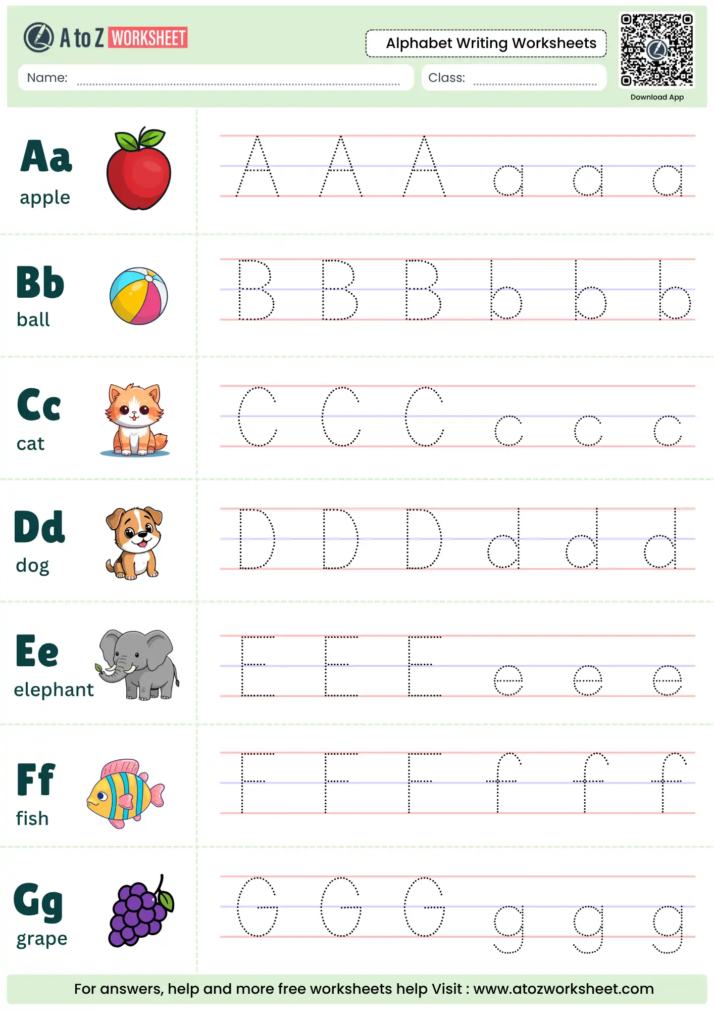 tracing uppercase and lowercase letters a to g in alphabet writing worksheets with apple and ball images