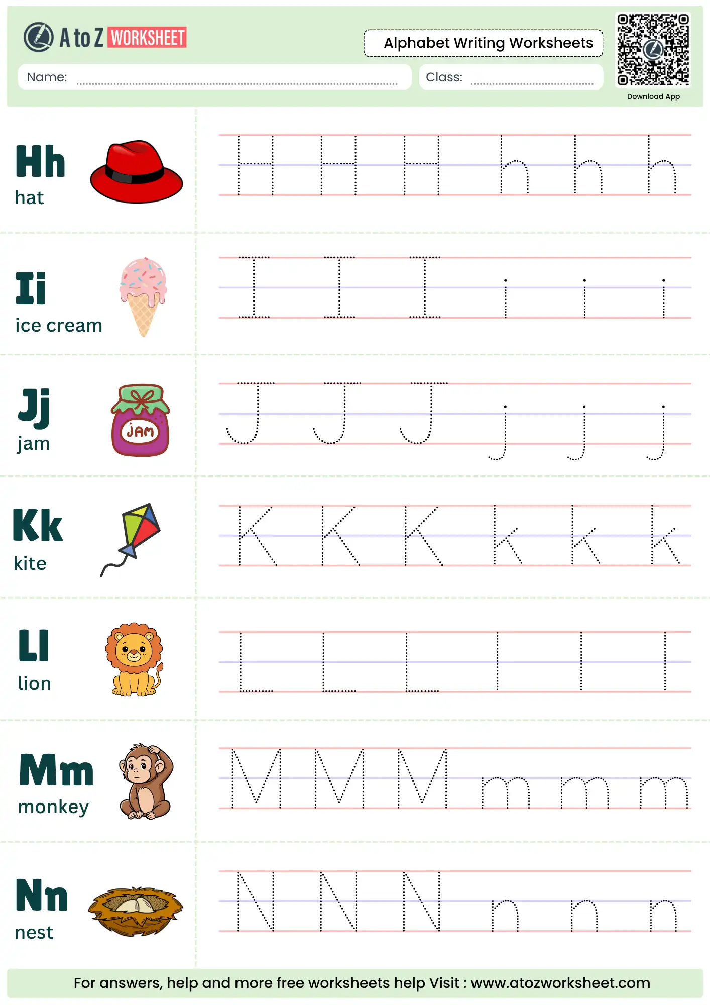 Free Alphabet Writing Worksheets (Printable PDF For Kids) 1 alphabet writing worksheets for letters h to n featuring a hat and ice cream