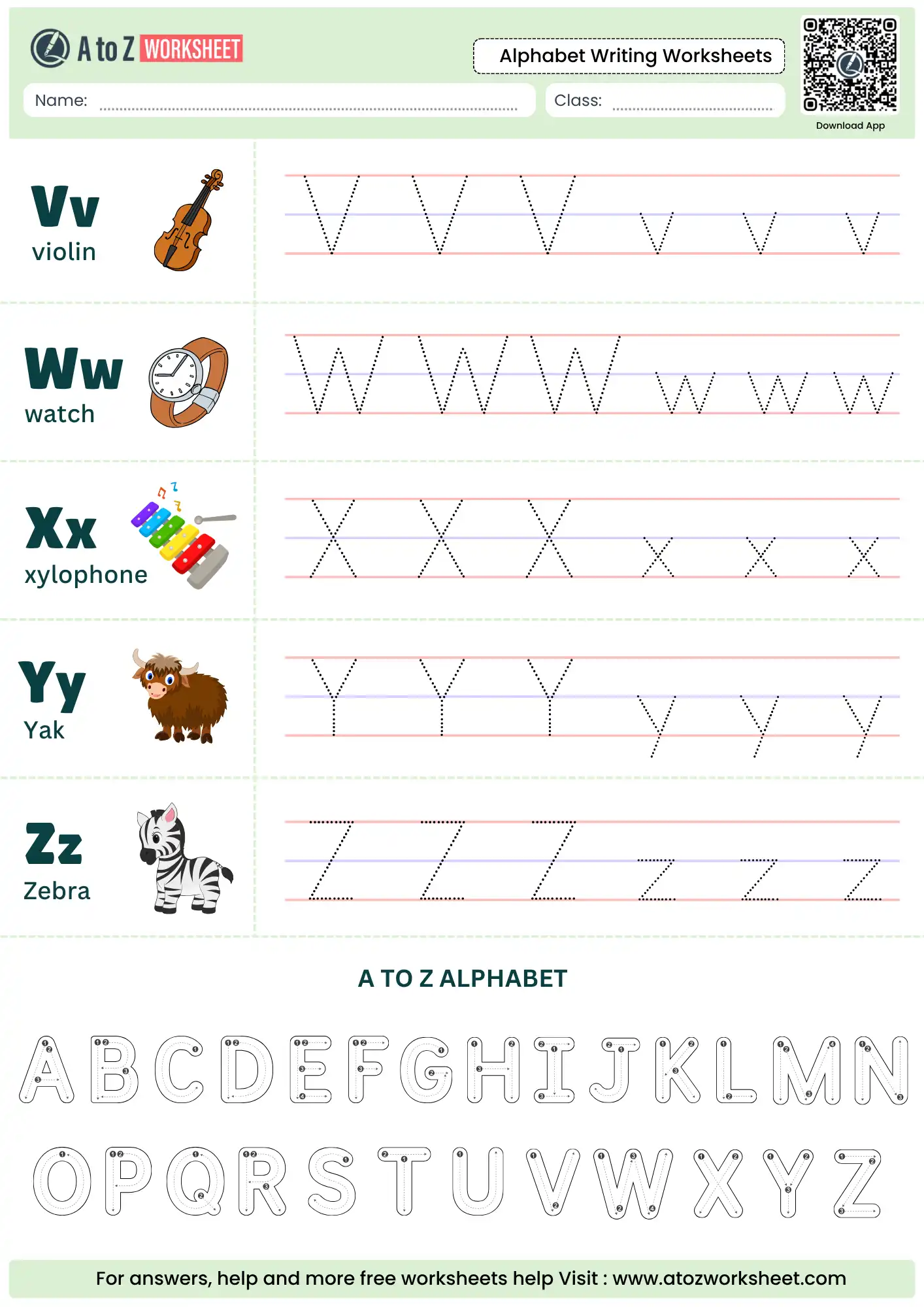 Free Alphabet Writing Worksheets (Printable PDF For Kids) 3 final letters v to z and a full a to z overview in alphabet writing worksheets