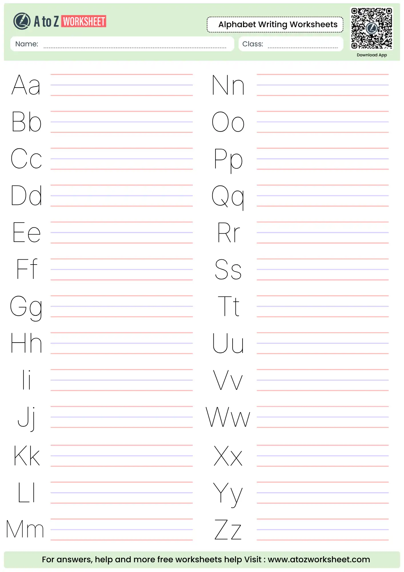 Free Alphabet Writing Worksheets (Printable PDF For Kids) 4 blank lined alphabet writing worksheets for independent letter practice from a to z