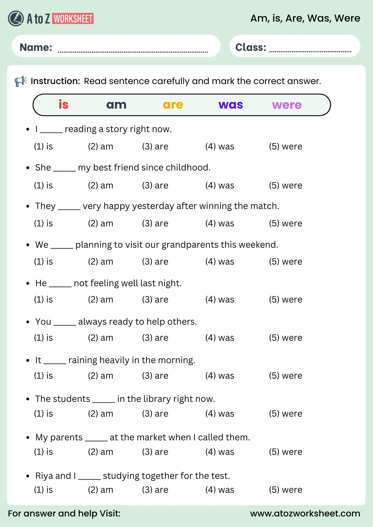 am is are was were worksheets with answers for class 3 and class 4