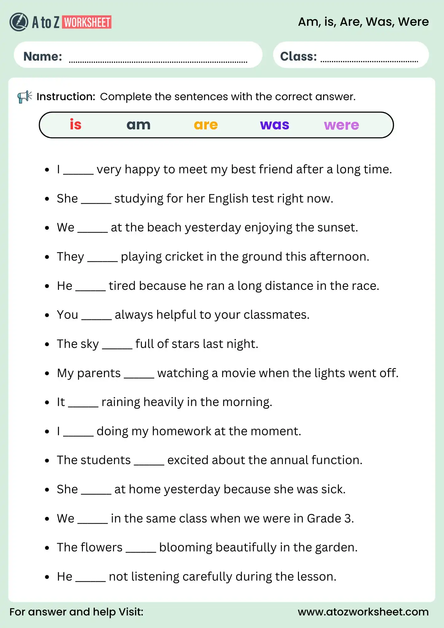 am is are was were worksheets for practice with examples pdf