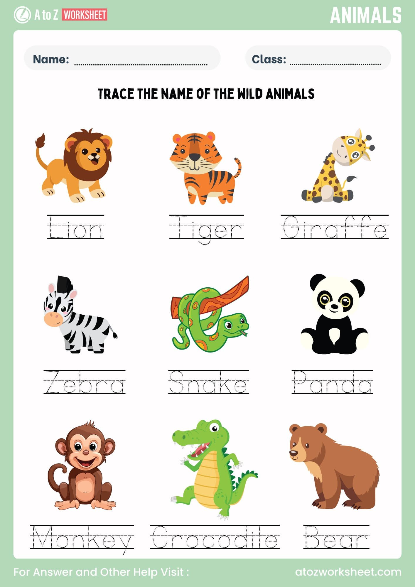 animals name tracing worksheet for ukg, lkg, kindergarten and nursery