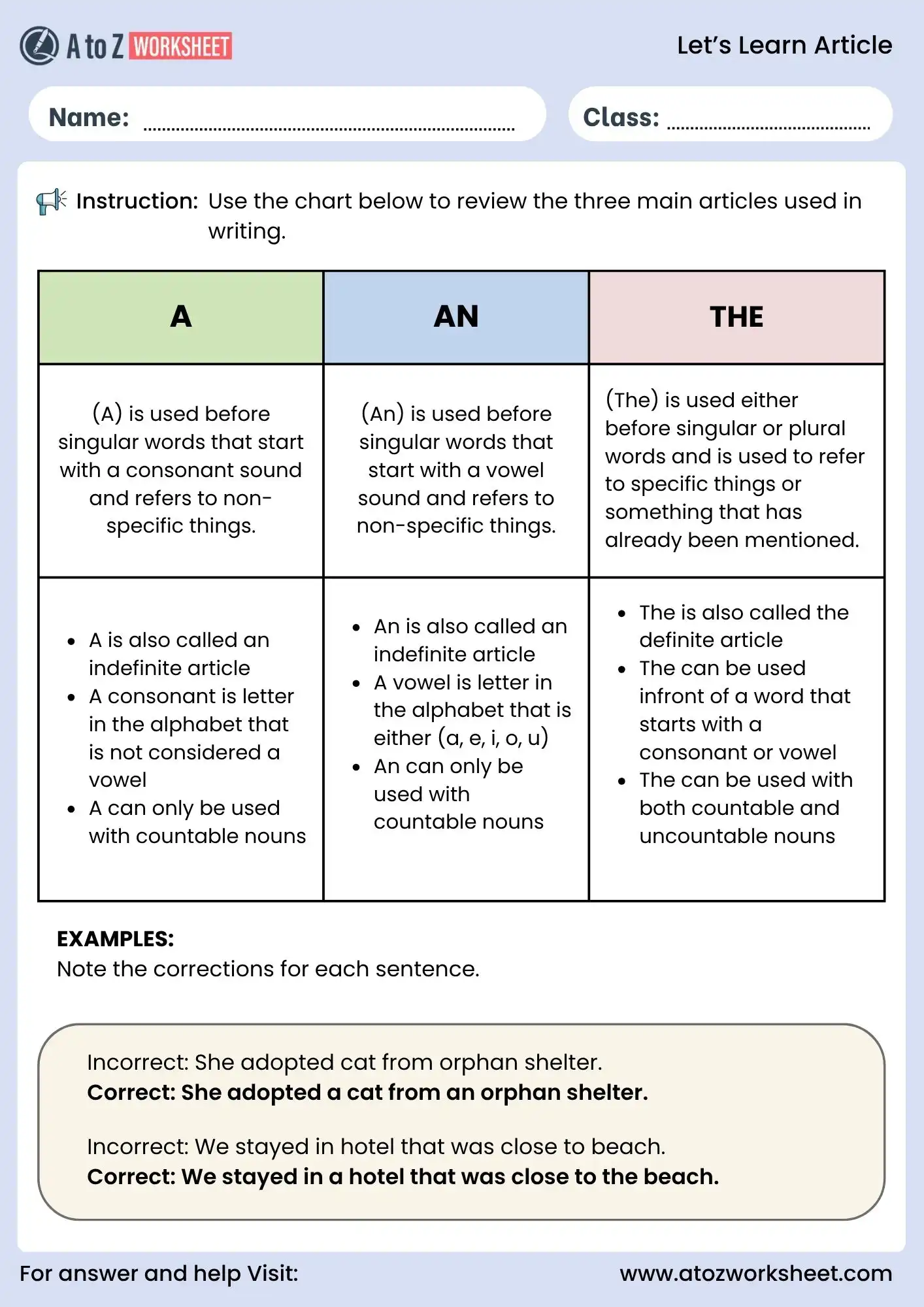 article worksheet for class 1 and class 2 grammar learning