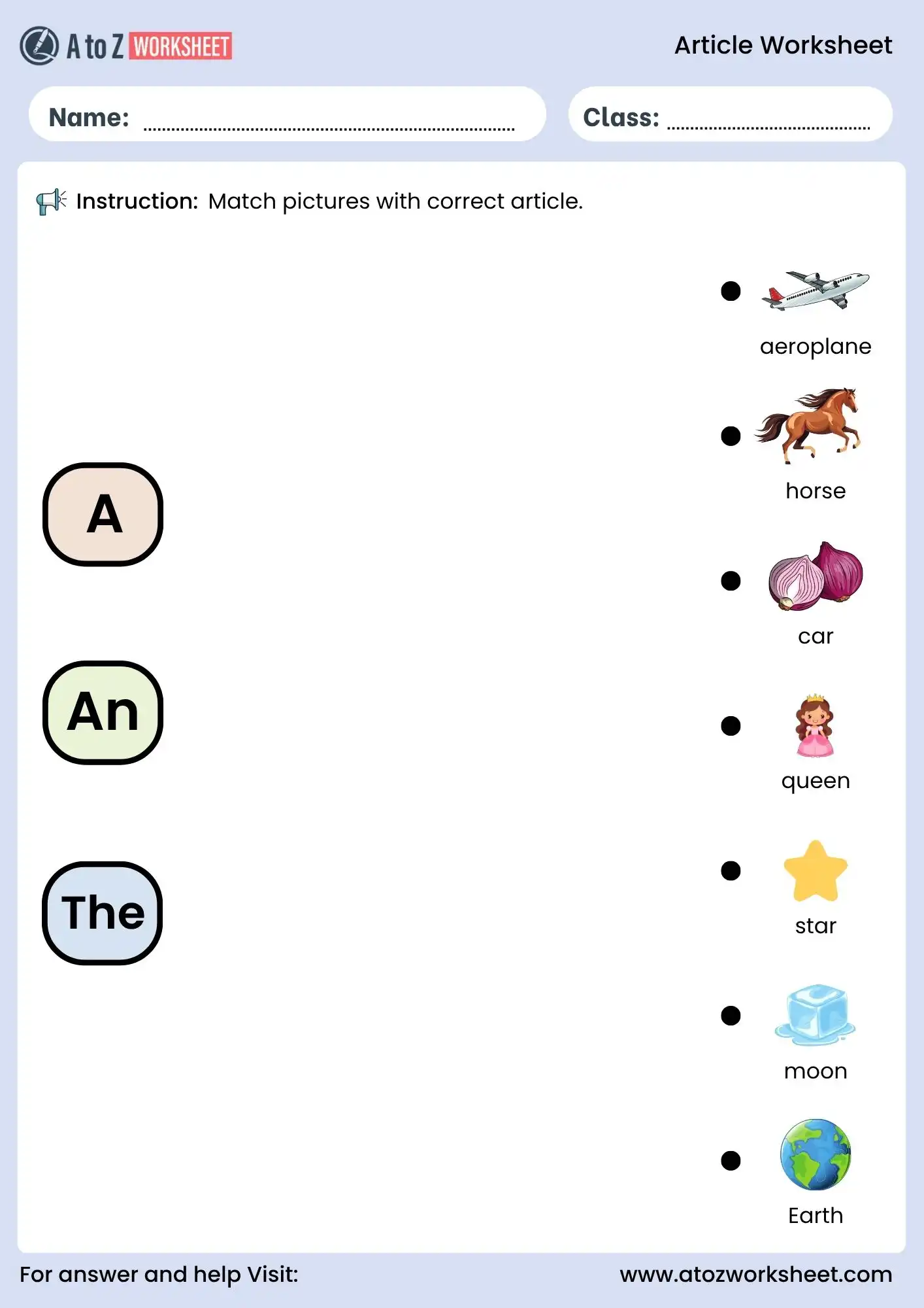article worksheet for class 1 and class 2 matching activity