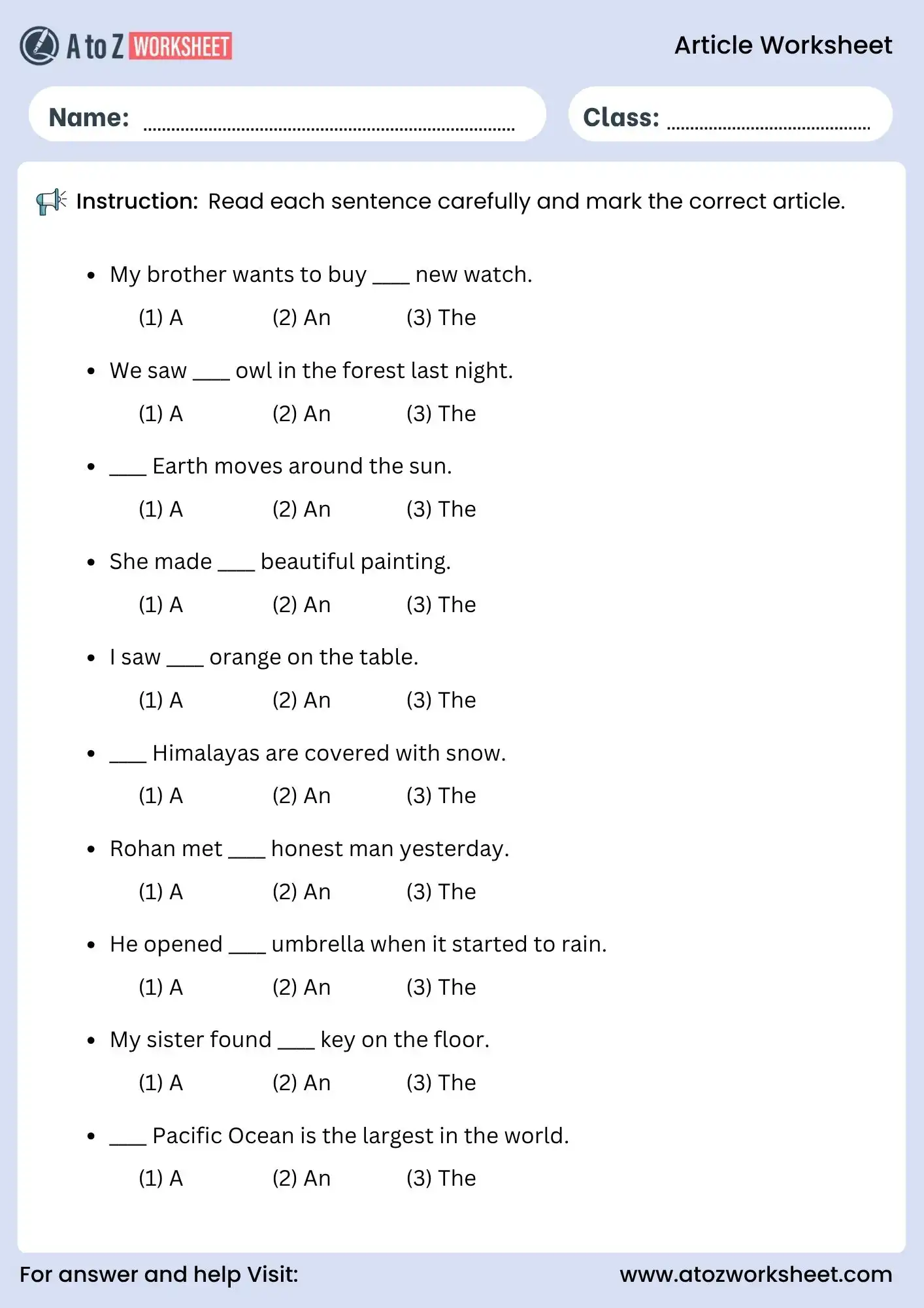 article worksheet for class 1 and class 2 mcq exercise