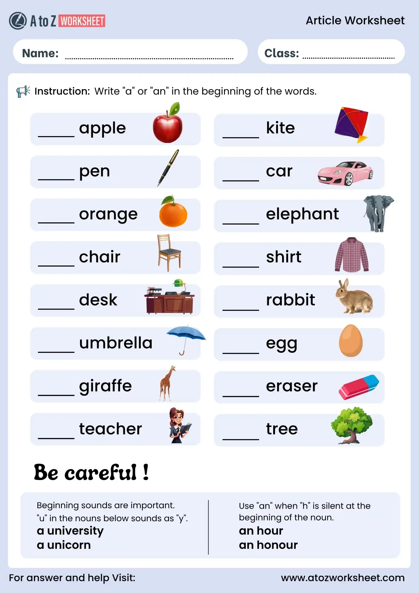 article worksheet for class 1 and class 2 a or an exercise