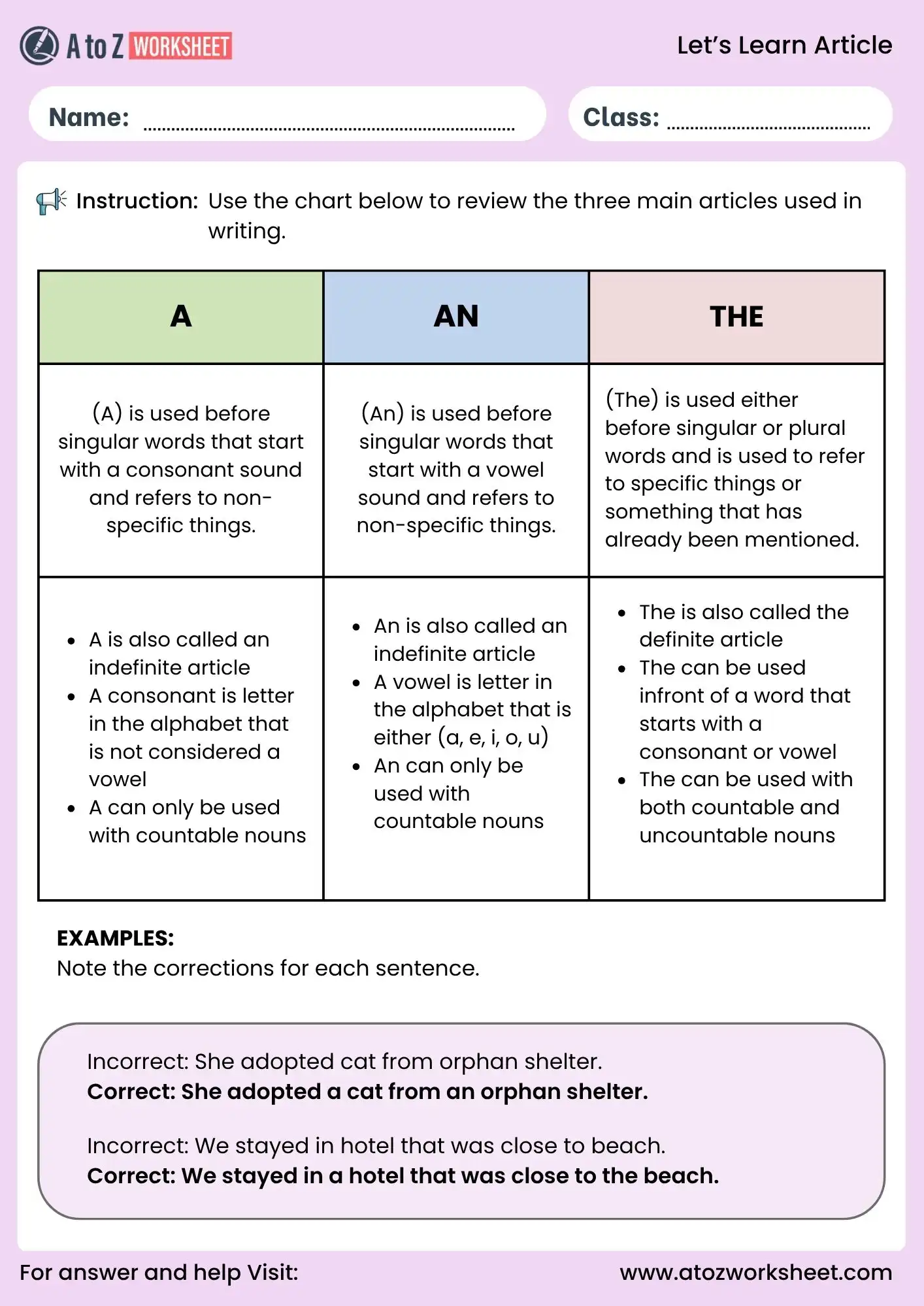 article worksheet for class 3 and class 4 grammar learning chart