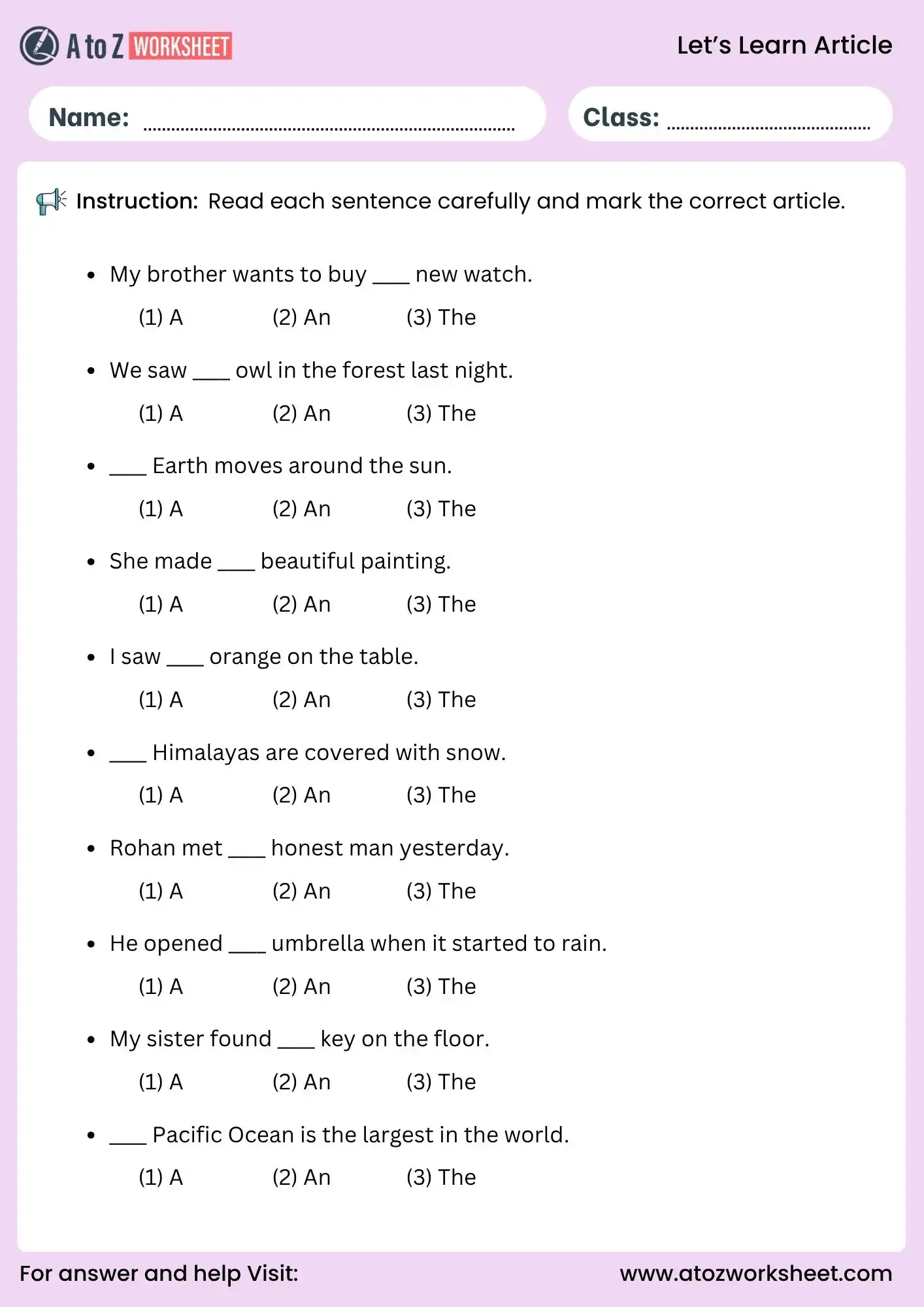 article worksheet for class 3 and class 4 choose correct article activity