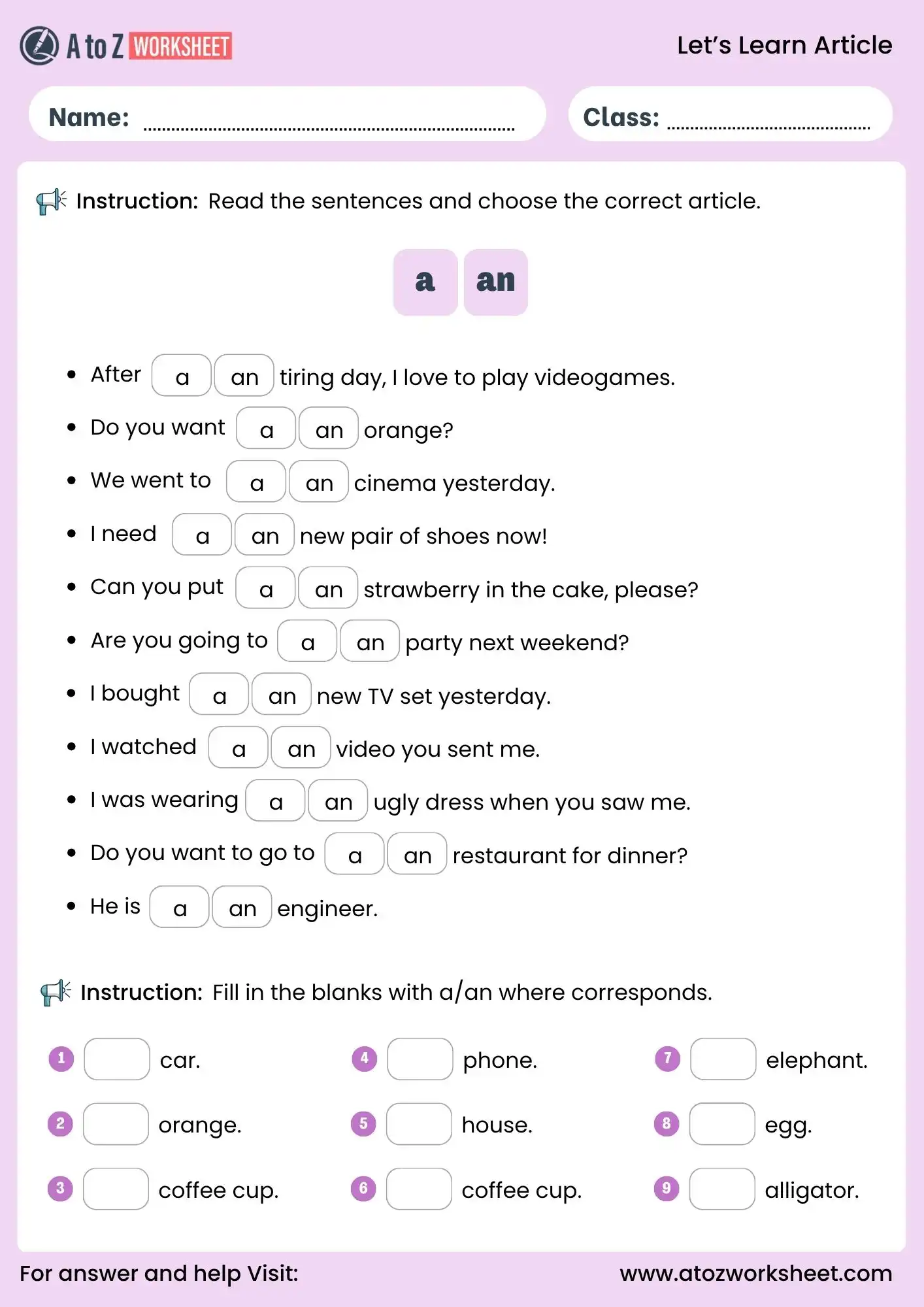 article worksheet for class 3 and class 4 a or an grammar activity