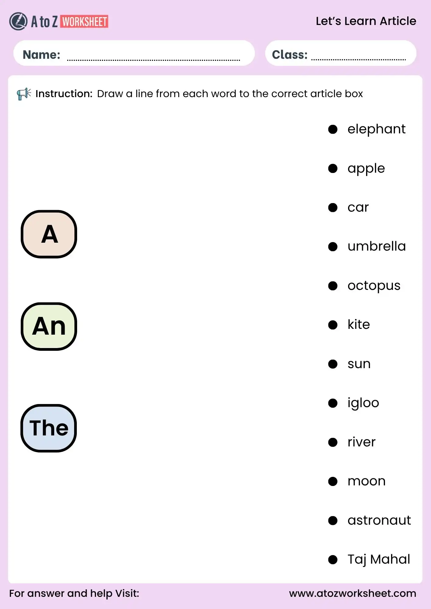 article worksheet for class 3 and class 4 word matching grammar activity