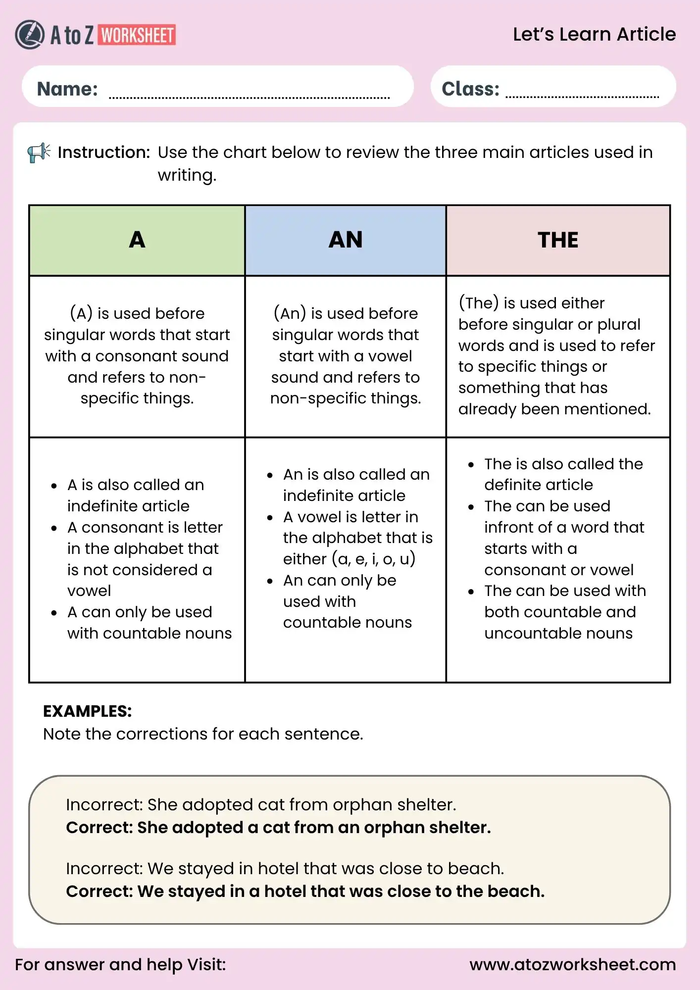 article worksheet for class 5 grammar explanation chart