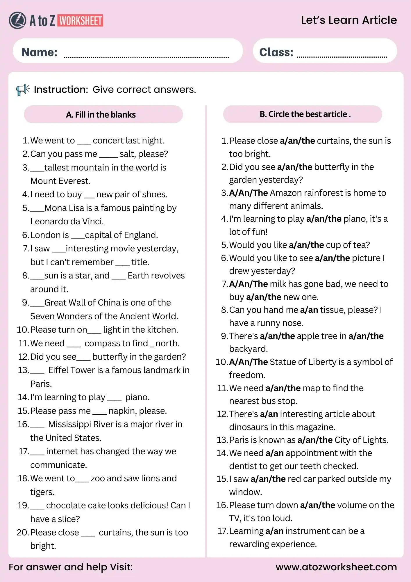 article worksheet for class 5 fill in the blanks and multiple choice grammar activity