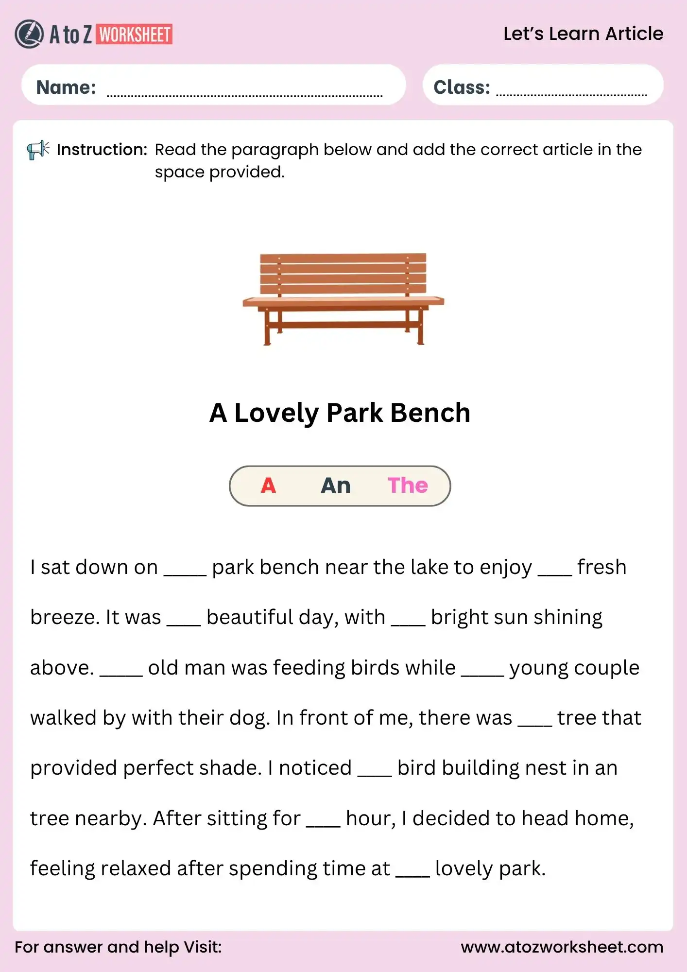 article worksheet for class 5 paragraph grammar activity