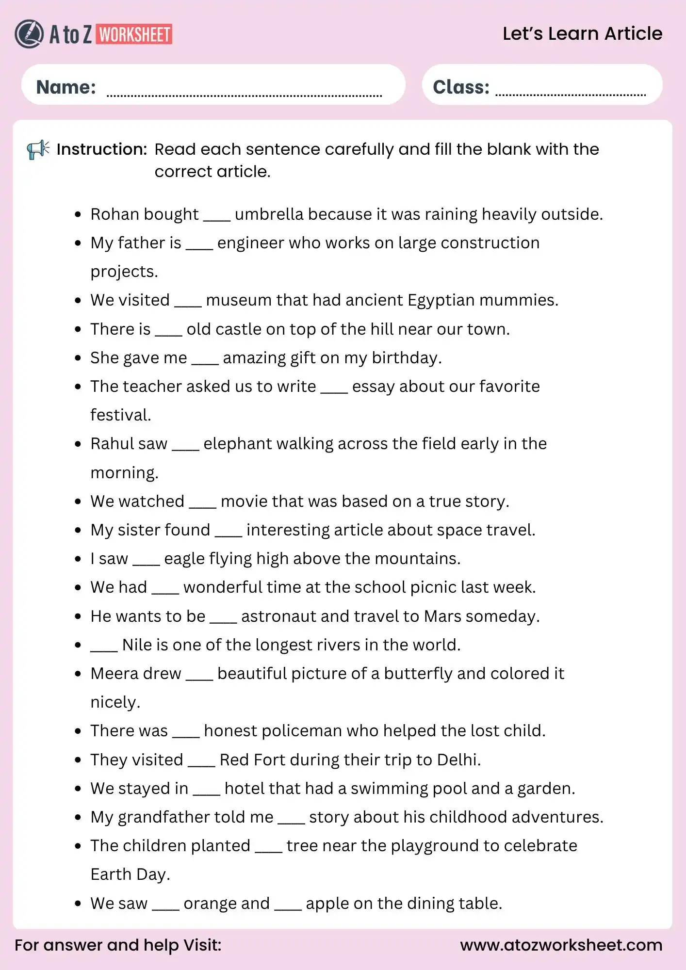 article worksheet for class 5 sentence practice grammar exercise