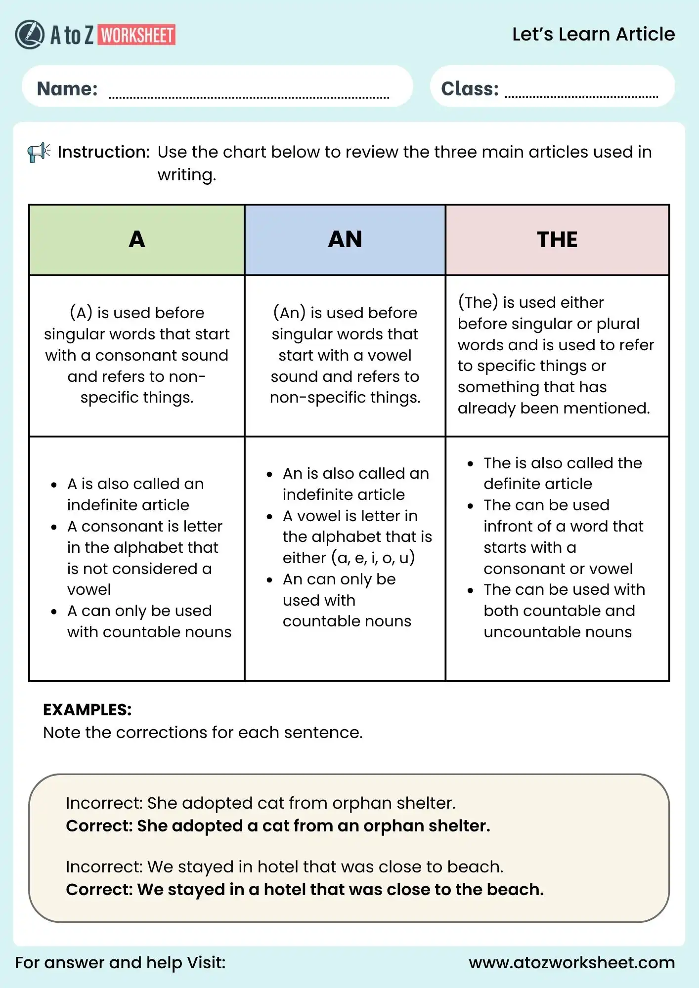 article worksheet for kids grammar learning pdf