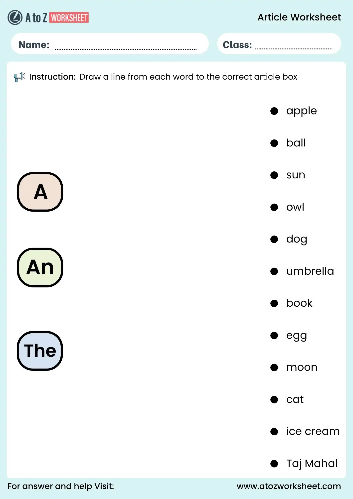article worksheet for class 1 to class 3 grammar practice