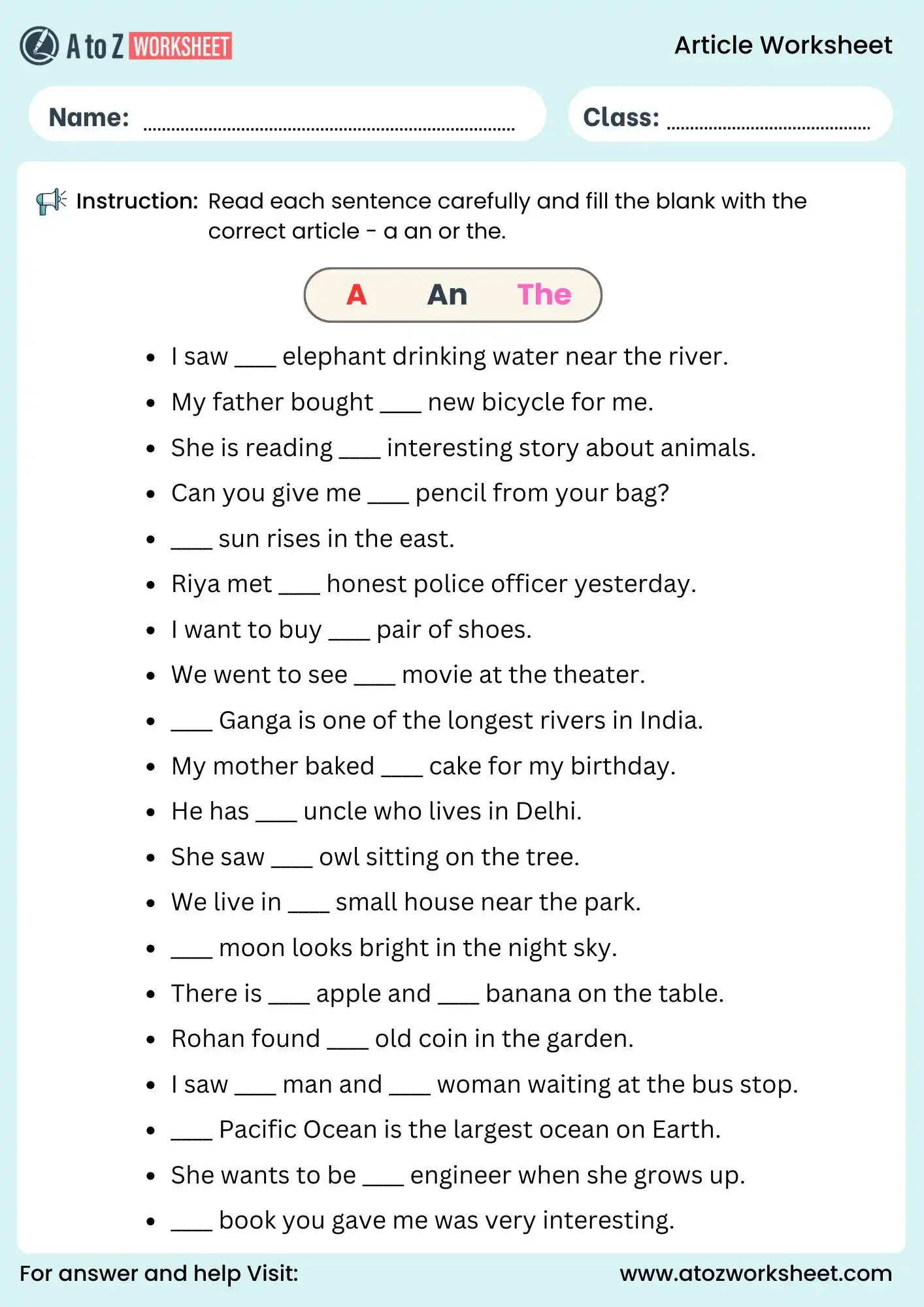 fill in the blanks article worksheet for class 2 and class 3 pdf