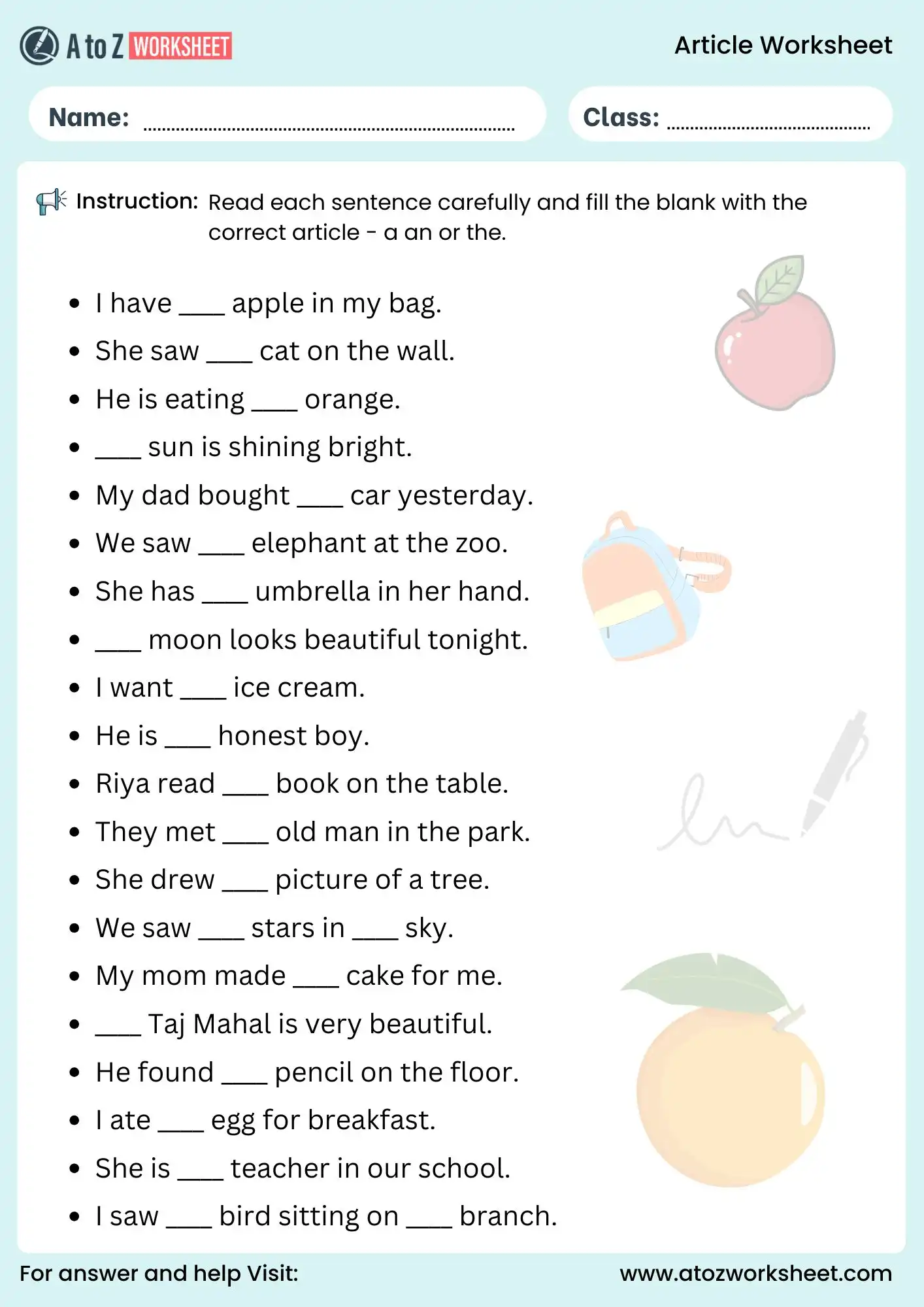 article worksheet for ukg and class 1 fill in the blanks activity