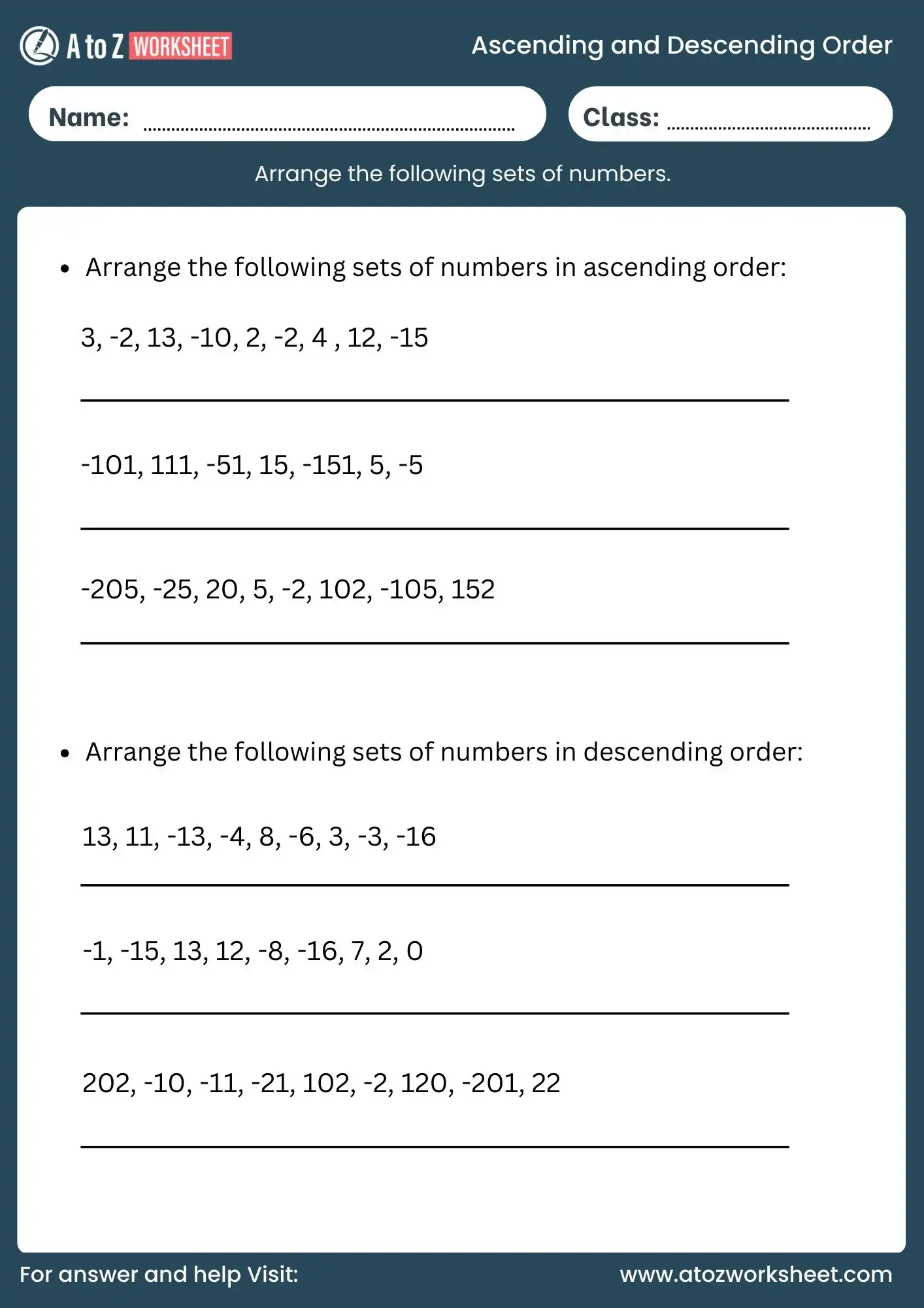ascending order and descending order worksheets class 3