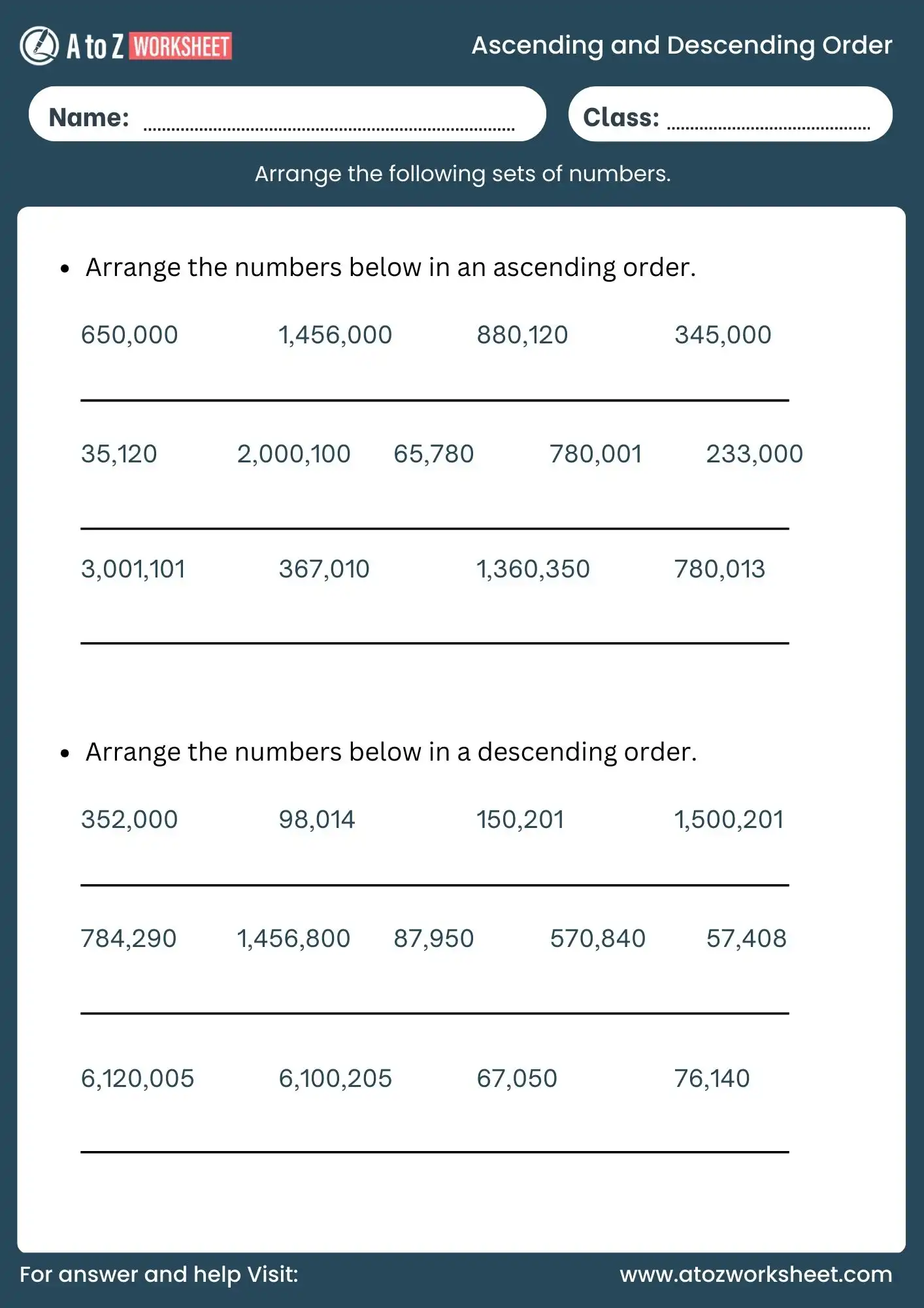 ascending order and descending order worksheets class 4