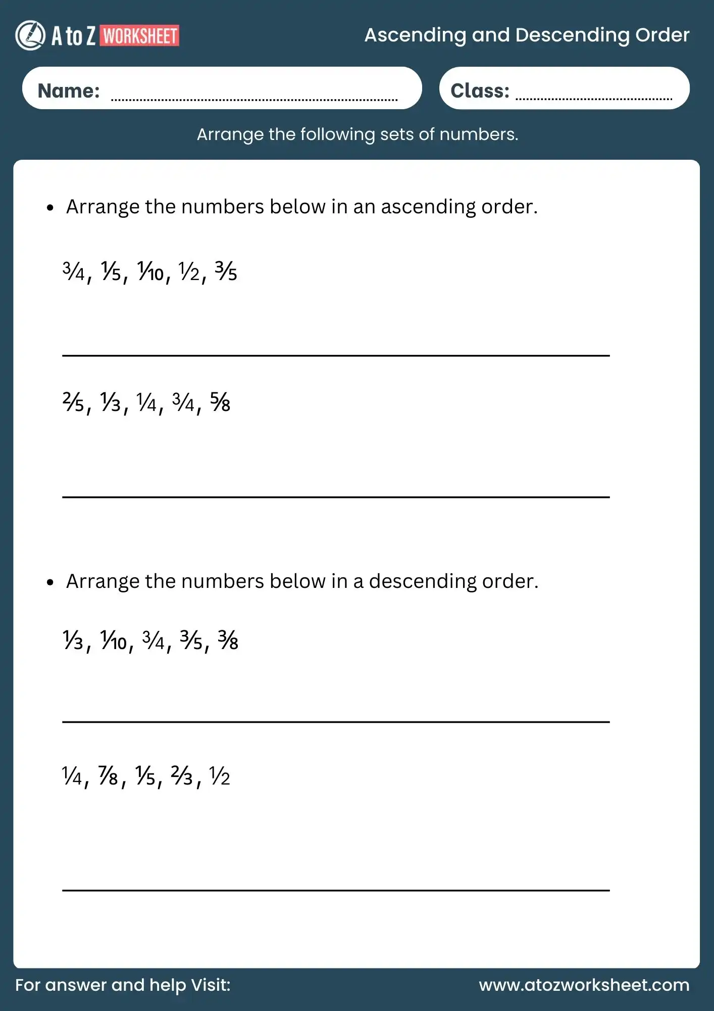 ascending order and descending order worksheets fractions