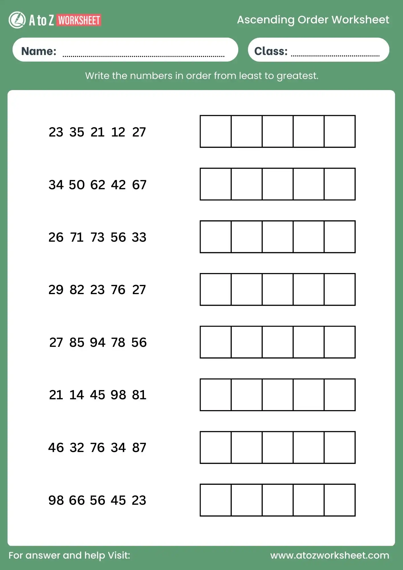 ascending order worksheet for class 1 with answers