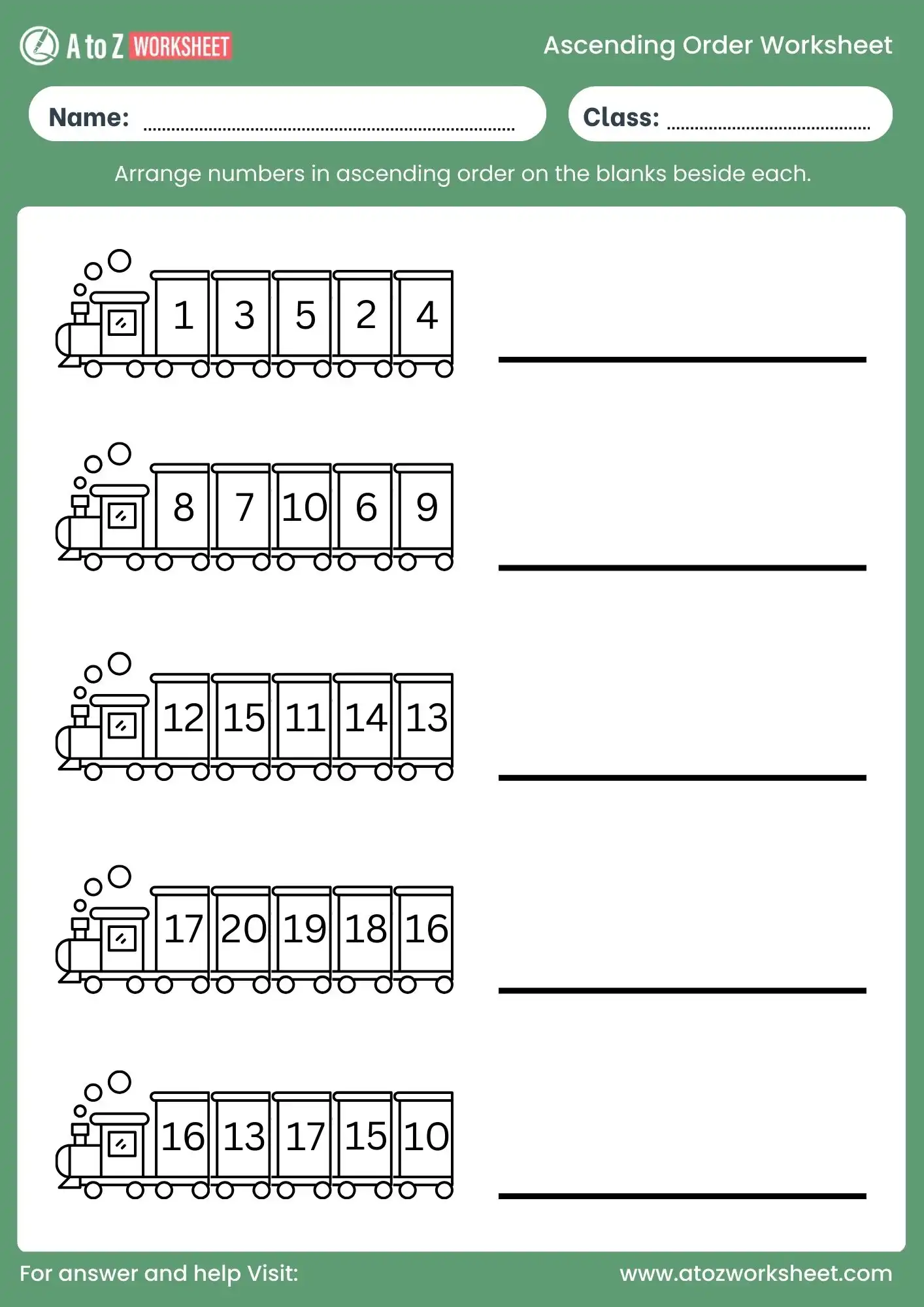 ascending order worksheet for class 1 train activity